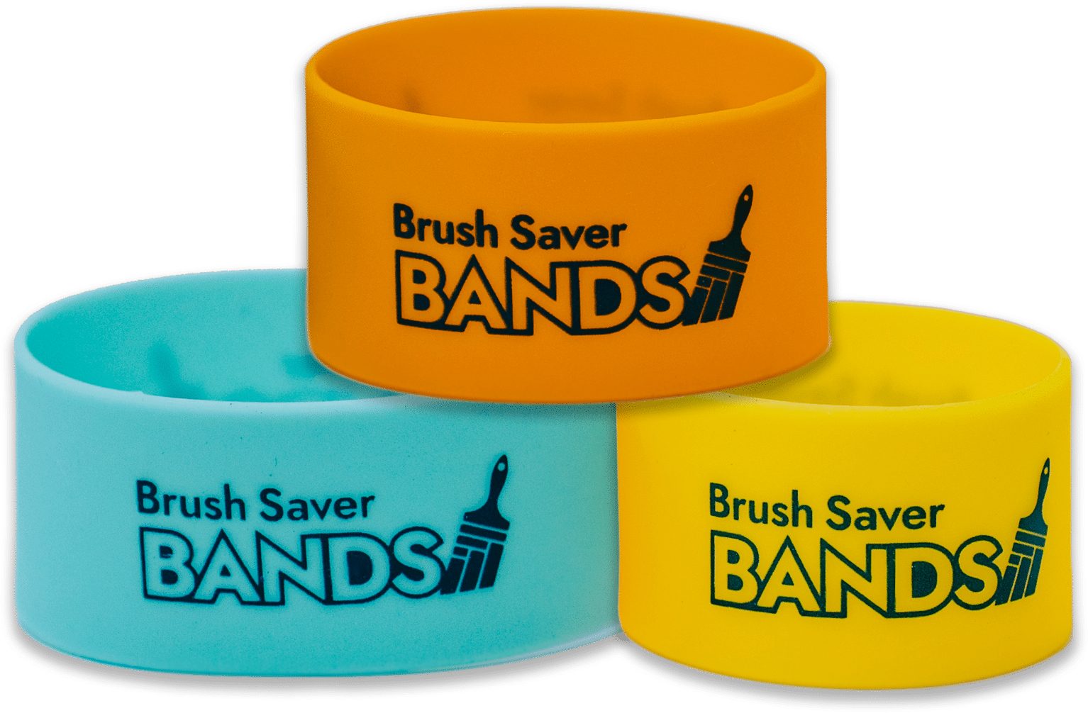 three Brush Saver Band reusable orange teal yellow silicone sleeves that slide snugly over a paintbrush ferrule and upper bristles